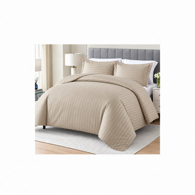 Double Beige Striped Duvet Cover Set With Pillowcases
