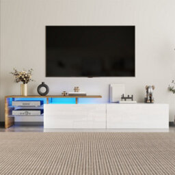 Btm Modern Tv Cabinet With Storage Glass Shelves Led Lighting High Gloss White And Wood Look - thumbnail 1