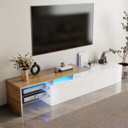 Btm Modern Tv Cabinet With Storage Glass Shelves Led Lighting High Gloss White And Wood Look - thumbnail 3