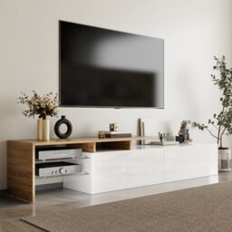 Btm Modern Tv Cabinet With Storage Glass Shelves Led Lighting High Gloss White And Wood Look - thumbnail 4