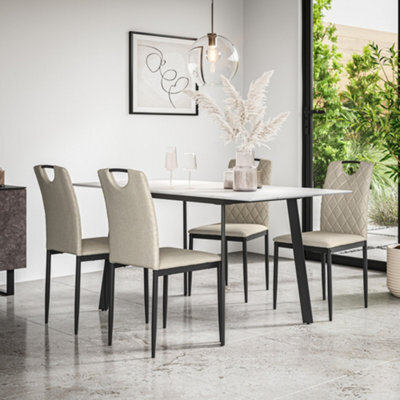 More4Homes Haydon Extending Dining Table + Chairs- White Marble Effect Table Top W Black Legs + Monza Linen Dining Chair Set Of 4 (Beige) - image 1
