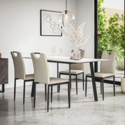 More4Homes Haydon Extending Dining Table + Chairs- White Marble Effect Table Top W Black Legs + Monza Linen Dining Chair Set Of 4 (Beige)