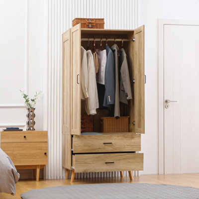 Homcom Wardrobe With 2 Drawers Hanging Rail, 180 Cm Storage Closet, Natural - image 1