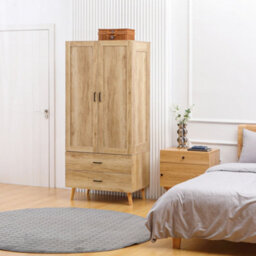Homcom Wardrobe With 2 Drawers Hanging Rail, 180 Cm Storage Closet, Natural - thumbnail 7