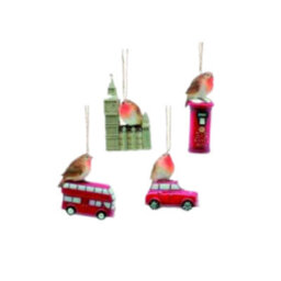 Christmas Tree Hanging Decorations - London Icons With Robin Pack Of 4 Assorted - thumbnail 1