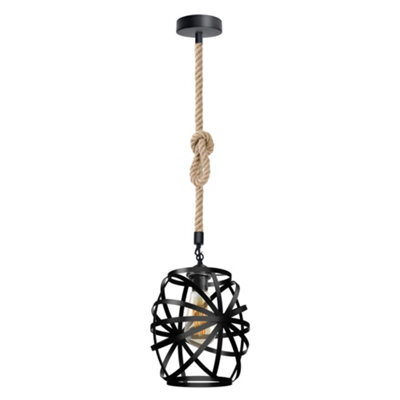 Ledsone Hemp Rope E27 Single Head Pendant Light With Metal Black Wire Cage Ceiling Lamp Height 100Cm With Bulb - image 1