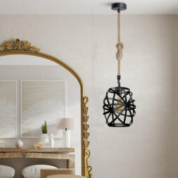 Ledsone Hemp Rope E27 Single Head Pendant Light With Metal Black Wire Cage Ceiling Lamp Height 100Cm With Bulb - thumbnail 3