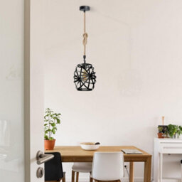 Ledsone Hemp Rope E27 Single Head Pendant Light With Metal Black Wire Cage Ceiling Lamp Height 100Cm With Bulb - thumbnail 2