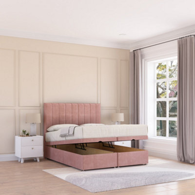 Sloomy Kansas End Lift Ottoman Bed 3Ft With Sprung Memory Mattress - Pink Plush & Headboard- Single - image 1