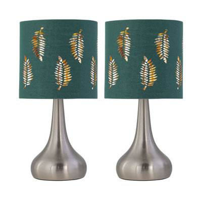 First Choice Lighting Set Of 2 Romana - Brushed Chrome Touch Table Lamps Dark Green Shades - image 1