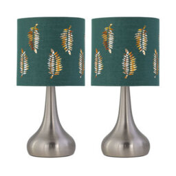 First Choice Lighting Set Of 2 Romana - Brushed Chrome Touch Table Lamps Dark Green Shades - thumbnail 1