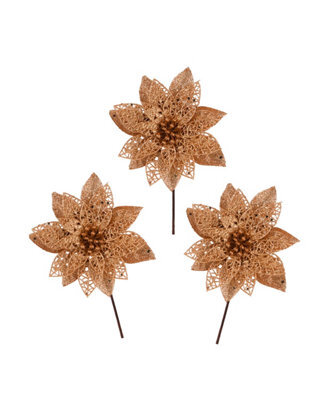 Werchristmas Set Of 3 Rose Gold Glitter Artificial Poinsettia Flowers, 15 Cm - image 1