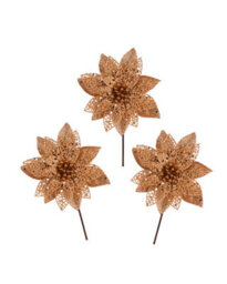 Werchristmas Set Of 3 Rose Gold Glitter Artificial Poinsettia Flowers, 15 Cm - thumbnail 1