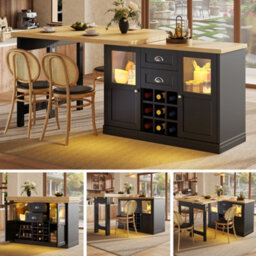 Btm Extendable Sideboard Dining Table 120 197Cm With Storage, 2 Drawers And Glass Cabinet Doors, Black