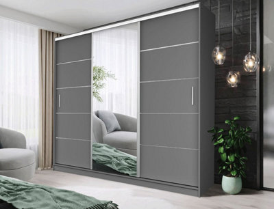 Fhif Ibiza250Cm Grey Sliding Door Wardrobe Modern Bedroom Storage With Full Length Mirror Shelves And Hanging Rails - image 1