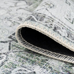 Loomed Silver Grey Green Distressed Bordered Medallion Anti Slip Washable Rug 160X230Cm - thumbnail 6