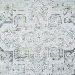 Loomed Silver Grey Green Distressed Bordered Medallion Anti Slip Washable Rug 160X230Cm - thumbnail 2