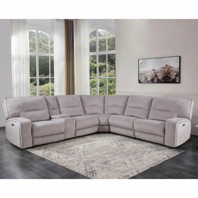 Xample Excalibur Grey Fabric 6 Piece Power Reclining Corner Sofa 3 Recliners Usb Cupholder Console Storage Electric Sectional Sofa - image 1