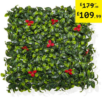 Pack Of 12 Best Artificial Laurel Leaf & Red Flowers Hedging Mats 50Cm X 50Cm (3 Square Metres) Privacy Garden Screen - image 1