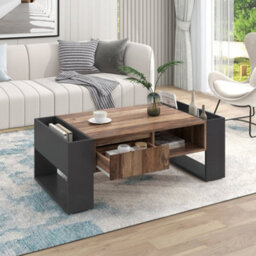 Btm Wood Grain Coffee Table With Handleless Drawer & Dual Storage Compartments, Multi-Side Storage, For Office & Living Room - thumbnail 4
