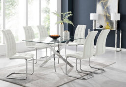 Furniturebox Uk Leonardo Glass And Chrome Metal Dining Table And 6 White Murano Faux Leather Chairs - thumbnail 1