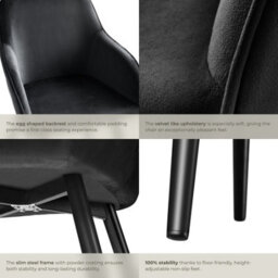 Tectake Set Of 8 Dining Chair Marilyn - With Armrests, Padded, Velvet Look, Black Steel Legs  - Black - thumbnail 5