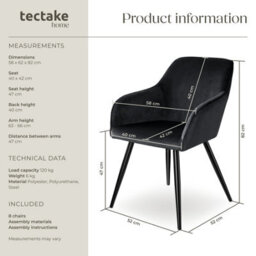 Tectake Set Of 8 Dining Chair Marilyn - With Armrests, Padded, Velvet Look, Black Steel Legs  - Black - thumbnail 6