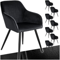 Tectake Set Of 8 Dining Chair Marilyn - With Armrests, Padded, Velvet Look, Black Steel Legs  - Black