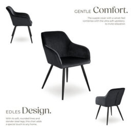 Tectake Set Of 8 Dining Chair Marilyn - With Armrests, Padded, Velvet Look, Black Steel Legs  - Black - thumbnail 3
