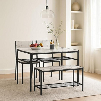 Urbn-Living 4-Piece Wooden Dining Set With Metal Frame Table, 2 Chairs & Bench - White Marble - image 1