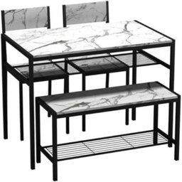 Urbn-Living 4-Piece Wooden Dining Set With Metal Frame Table, 2 Chairs & Bench - White Marble - thumbnail 2