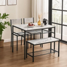 Urbn-Living 4-Piece Wooden Dining Set With Metal Frame Table, 2 Chairs & Bench - White Marble - thumbnail 3