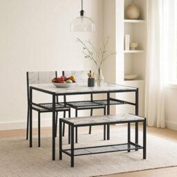 Urbn-Living 4-Piece Wooden Dining Set With Metal Frame Table, 2 Chairs & Bench - White Marble - thumbnail 1