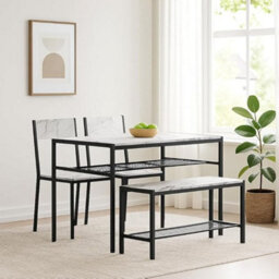 Urbn-Living 4-Piece Wooden Dining Set With Metal Frame Table, 2 Chairs & Bench - White Marble - thumbnail 4