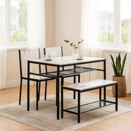 Urbn-Living 4-Piece Wooden Dining Set With Metal Frame Table, 2 Chairs & Bench - White Marble - thumbnail 5