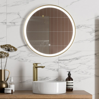 Affine Round Led Mirror Illuminated Touch Bathroom Demister Mains Powered Brushed Brass - image 1
