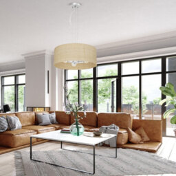 Milagro Marshall Hand Made Designer Pendant Lamp In Matt White Metal And Natural Rattan Coloured Fabric - thumbnail 8