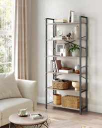 6-Tier Tall Bookshelf, Large Bookcase, Steel Frame, Freestanding Shelf Unit, Industrial, Heather Greige And Ink Black