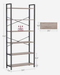 Songmics 6-Tier Tall Bookshelf, Large Bookcase, Steel Frame, Freestanding Shelf Unit, Industrial, Heather Greige And Ink Black - thumbnail 2