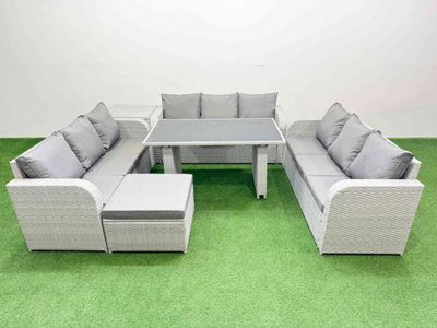 Fimous Patio Garden Furniture Sets With Black Glass Top Dining Table 3 Seater Sofa Side Table Big Stool Light Grey - image 1
