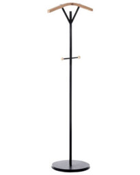 Wyld And Coco Freestanding Coat Rack Black Steel 130Cm With Curved Fir Wood Hanger And 3 Main Hooks, 2 Extra Hooks - thumbnail 1