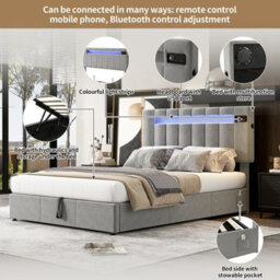 4Ft6 Double Bed Frame 135X190Cm,with Bluetooth Stereo And Usb,with Pockets,7Colors Led-Light Strips And 12 Modes,velvet+Iron,grey - thumbnail 6