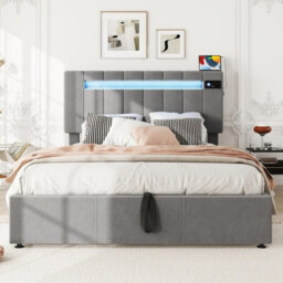 4Ft6 Double Bed Frame 135X190Cm,with Bluetooth Stereo And Usb,with Pockets,7Colors Led-Light Strips And 12 Modes,velvet+Iron,grey - thumbnail 4