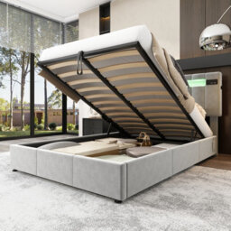 4Ft6 Double Bed Frame 135X190Cm,with Bluetooth Stereo And Usb,with Pockets,7Colors Led-Light Strips And 12 Modes,velvet+Iron,grey - thumbnail 5