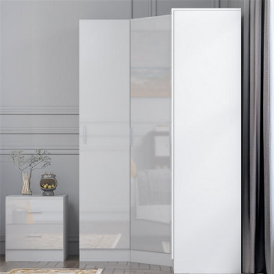 Reflect 2Pc Wardrobe Bundle - 1 Door Corner + 1 Door Plain - White Gloss & Matt White - H: 180Cm X W: 112Cm X D: 74Cm - image 1