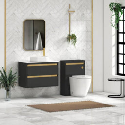 Royal Bathrooms Orion 800mm Matt Obsidian Black Wall Hung Plain White Countertop Vanity Unit 2 Drawer With Lyon Basin & Brushed Brass Accent Trim - thumbnail 3