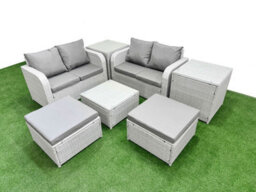 Fimous 6 Seater Outdoor Love Sofa Set Rattan Garden Furniture Set Square Coffee Table 2 Footstool 2 Side Tables Light Grey - thumbnail 1