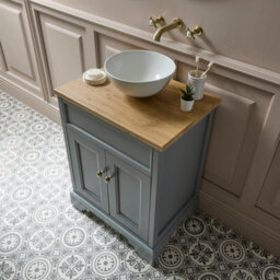 Homestylestore Light Grey And Oak 645mm Bathroom Vanity Unit With Round Countertop Basin And Brushed Brass Classic Round Handles - thumbnail 3