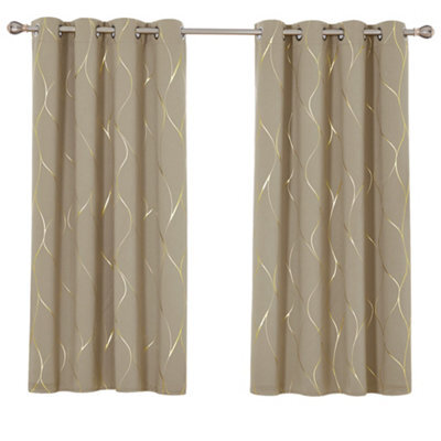Deconovo Ring Top Curtains, Blackout Thermal Insulated Curtains, Gold Wave Foil Printed Curtains, W46 X L54 Inch, Taupe, 1 Pair - image 1