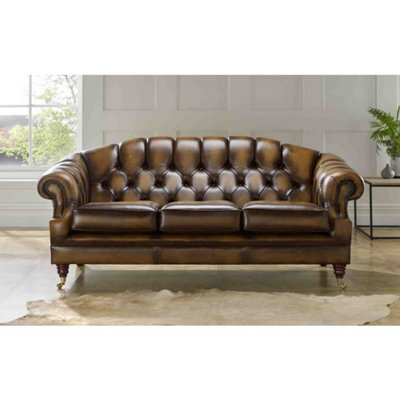 Chesterfield Victoria 3 Seater Leather Sofa Settee Antique Tan Leather - image 1